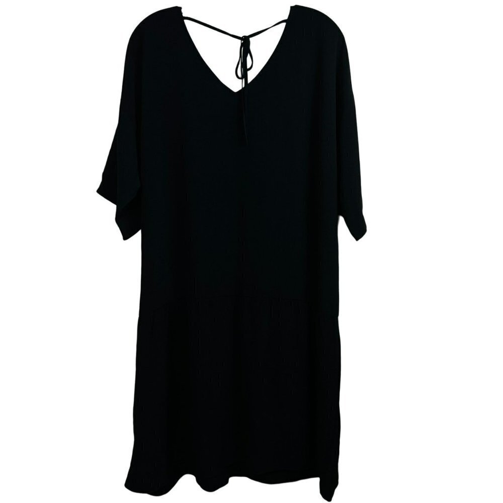 Eileen Fisher Women's Black Sheath Mini Dress Tie Neck V-Neck Solid Large‎